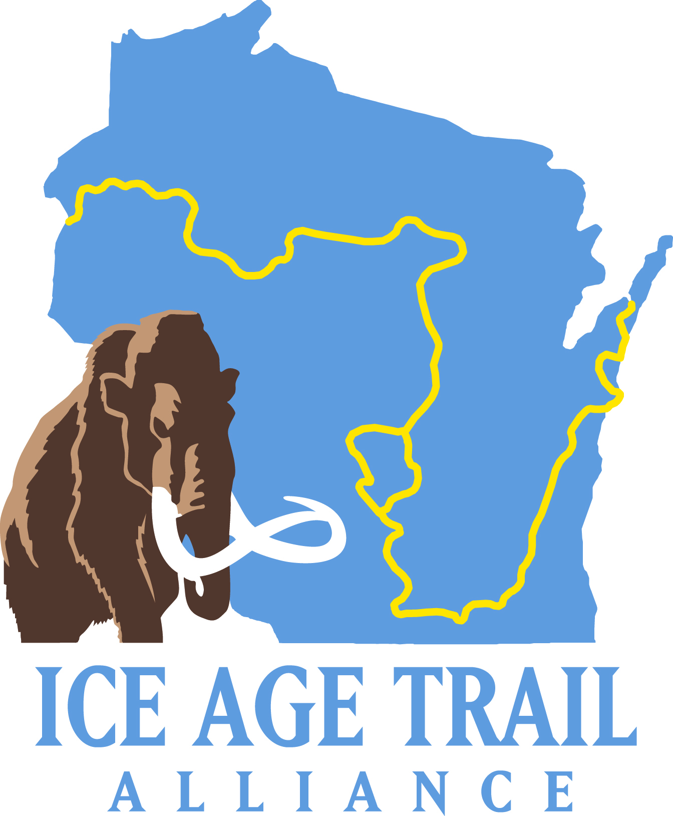 Ice Age Trail Alliance Logo, with woolly mammoth over outline of Wisconsin showing the route of the Ice Age Trail. 
